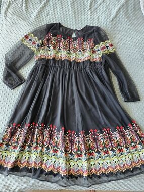 NWOT ASOS Embroidered Mesh Babydoll Black Sheer Sleeve Folk Boho Dress Sz 18